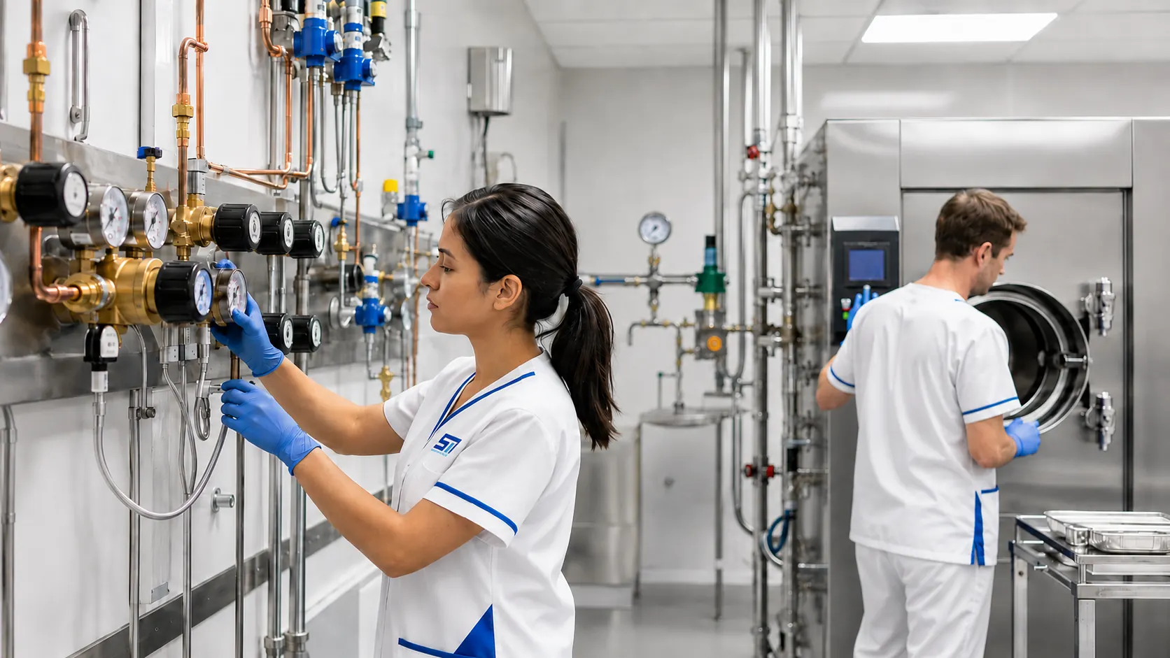 Área hospitalaria y laboratorio con sistemas técnicos para gases clínicos y autoclaves