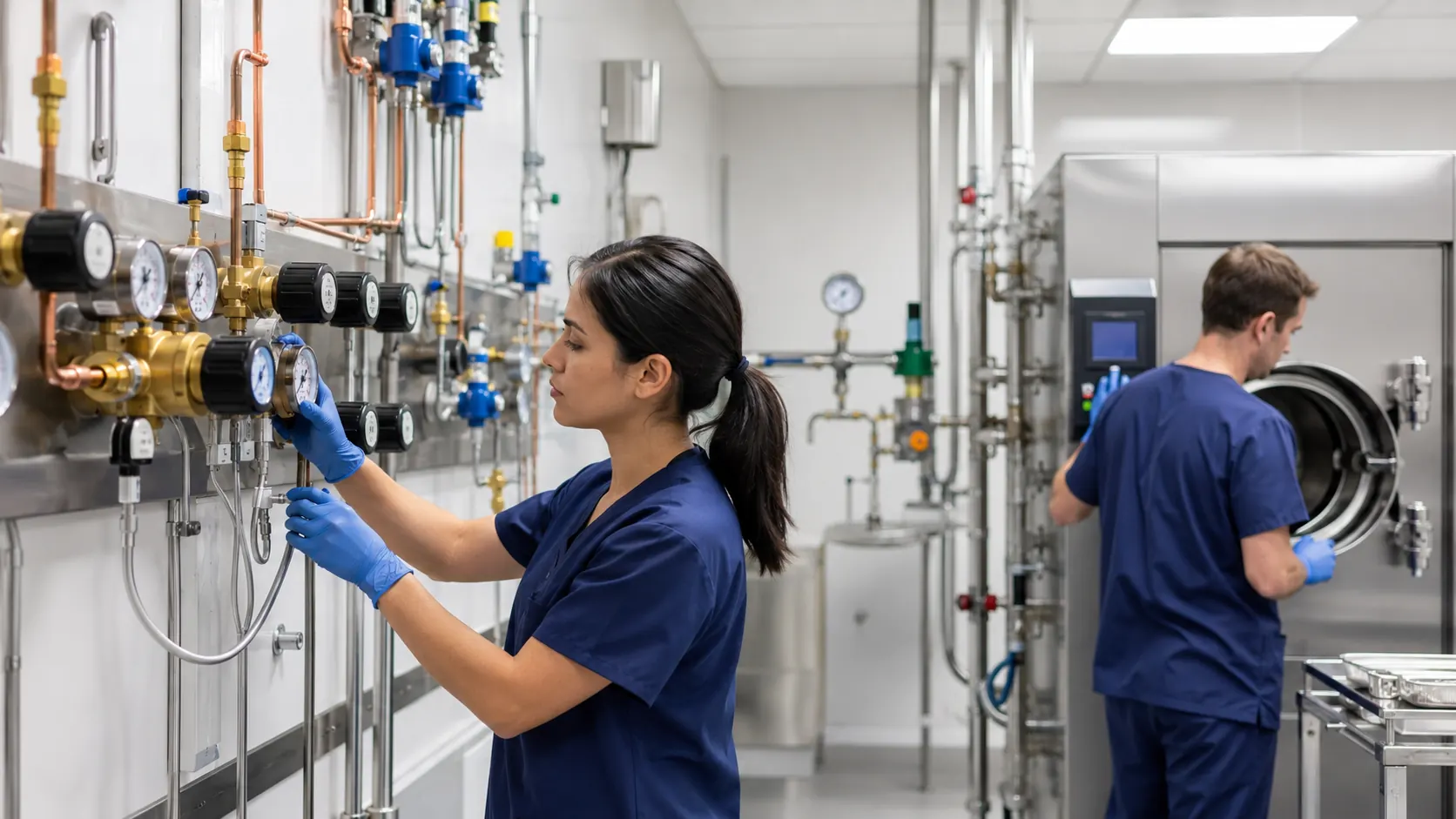 Laboratorio médico con autoclave, gases clínicos y sistemas hospitalarios técnicos