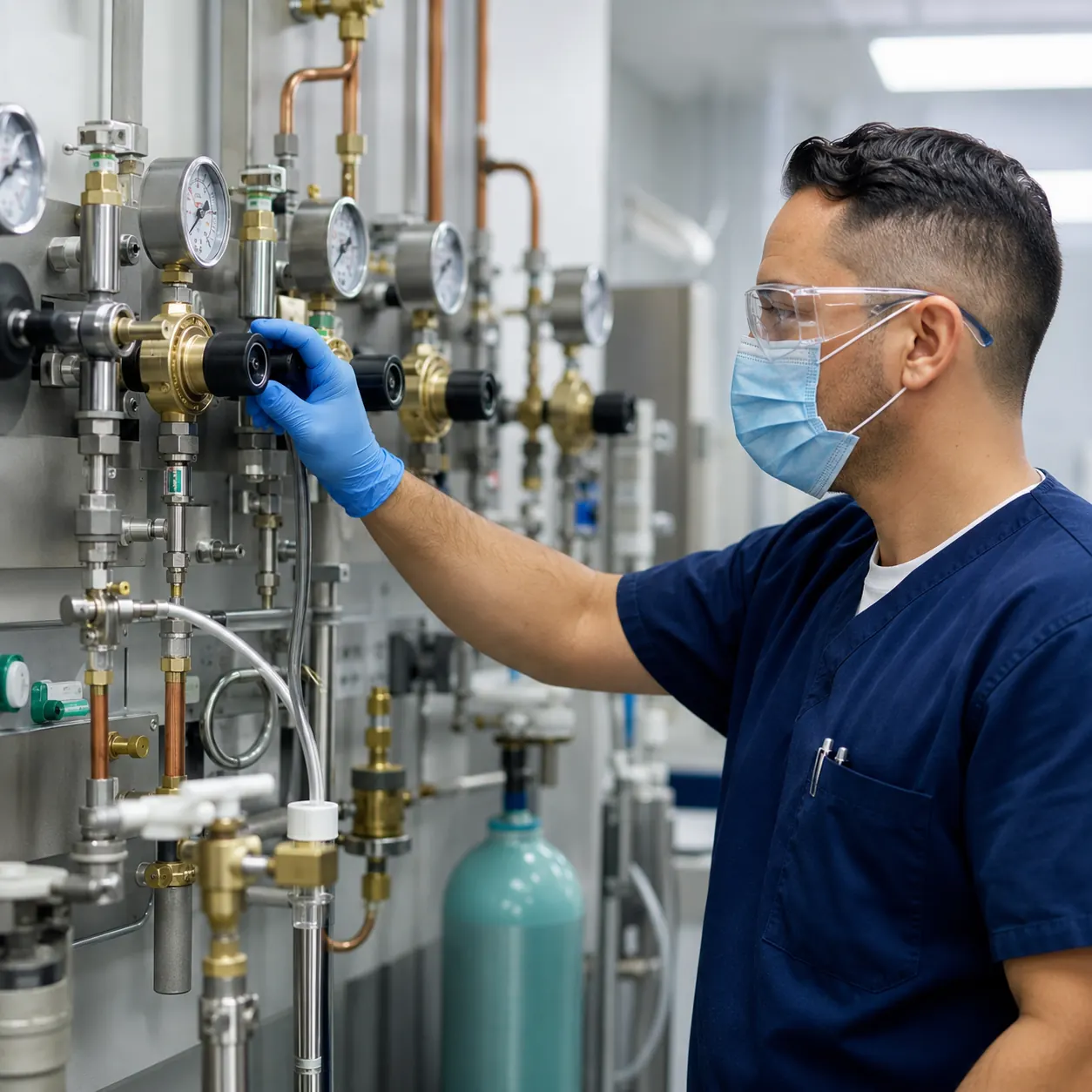 Técnico hospitalario ajustando válvulas y reguladores para sistemas clínicos